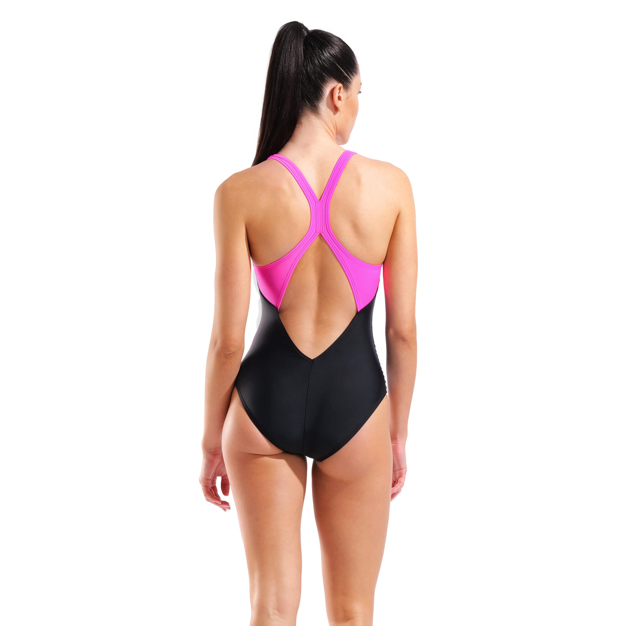 Arena Dames Badpak Lit Logo V Back Zwart Shocking Pink 2/7
