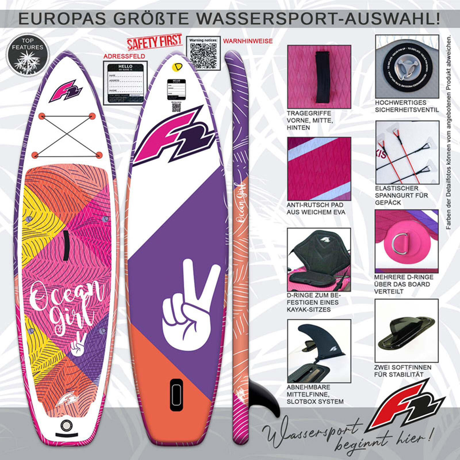 F2 Junior SUP Stand Up Paddle Board Ocean Girl  9'2''  Pink 2/7