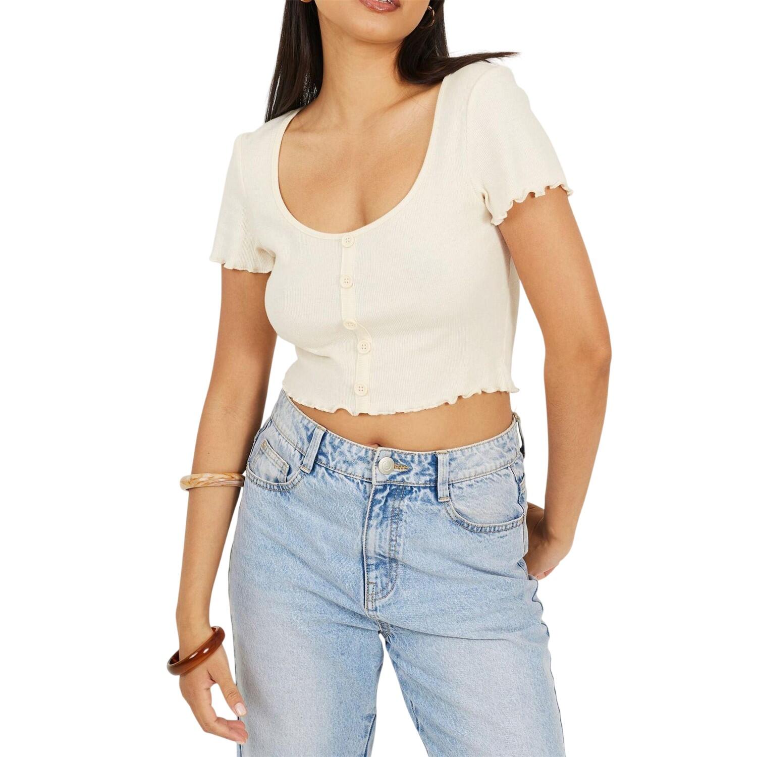 Brave Soul Womens/Ladies Button Lettuce Hem Crop T-Shirt
