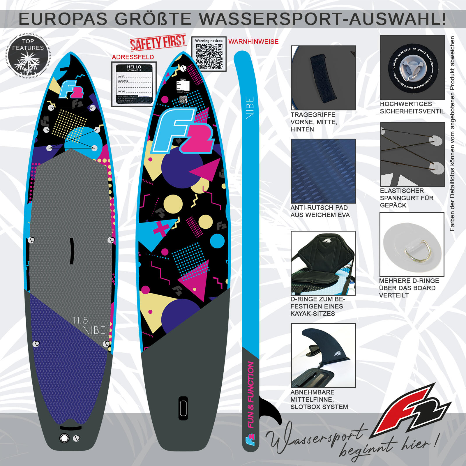 F2  SUP Stand Up Paddle Board Retro Vibe 90s Allover Damen 320cm 10,5 Multicolor 2/5