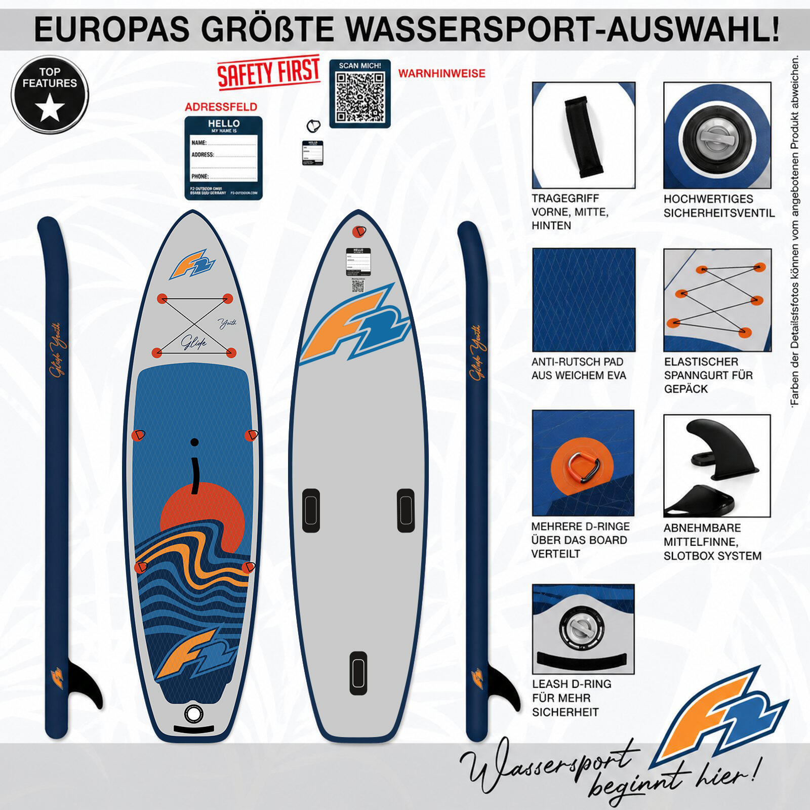 F2  SUP Stand Up Paddle Board Glide Surf Youth Wing 280cm 9,2 Grau 2/7