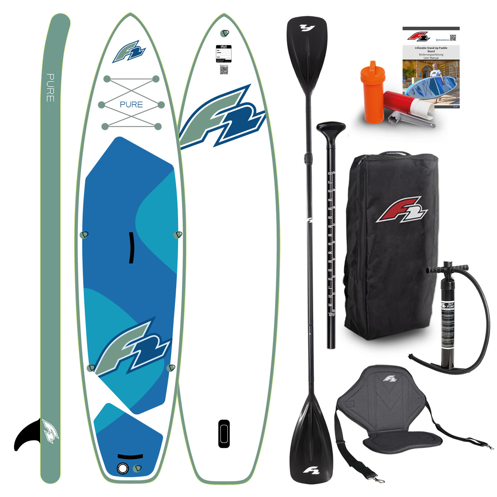 F2 Set Stand Up Paddle Board Pure Weiss 10,6 + Kajak Zubehör Paket 1/7