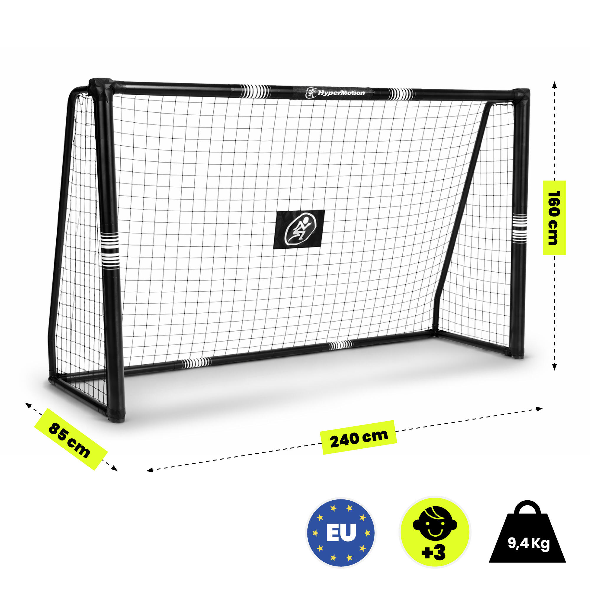 Fußballtor HyperMotion 240x160x85 cm aus schwarzem Stahl – EN71 3/7