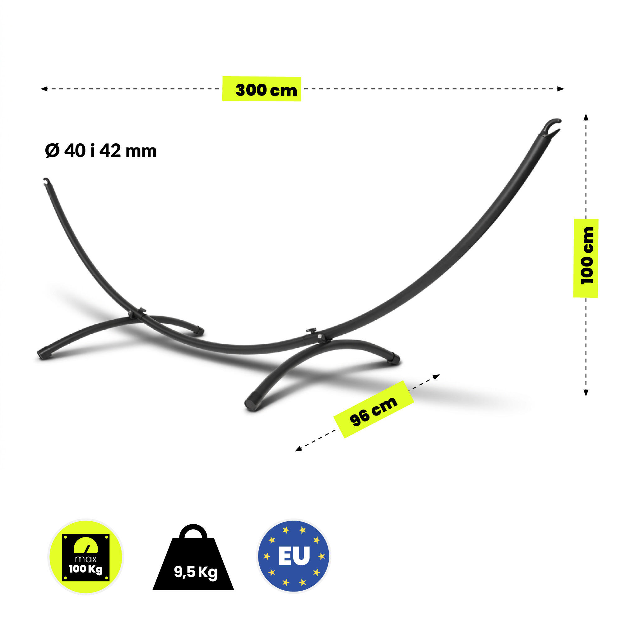 Support hamac HyperMotion 200 × 150 cm en acier noir, charge 100 kg. 3/7