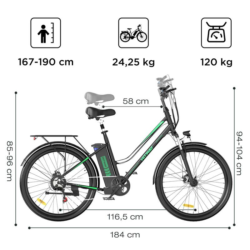 Bicicletă electrică urbană 26" 250W, baterie 36V 12Ah, autonomie 90 km