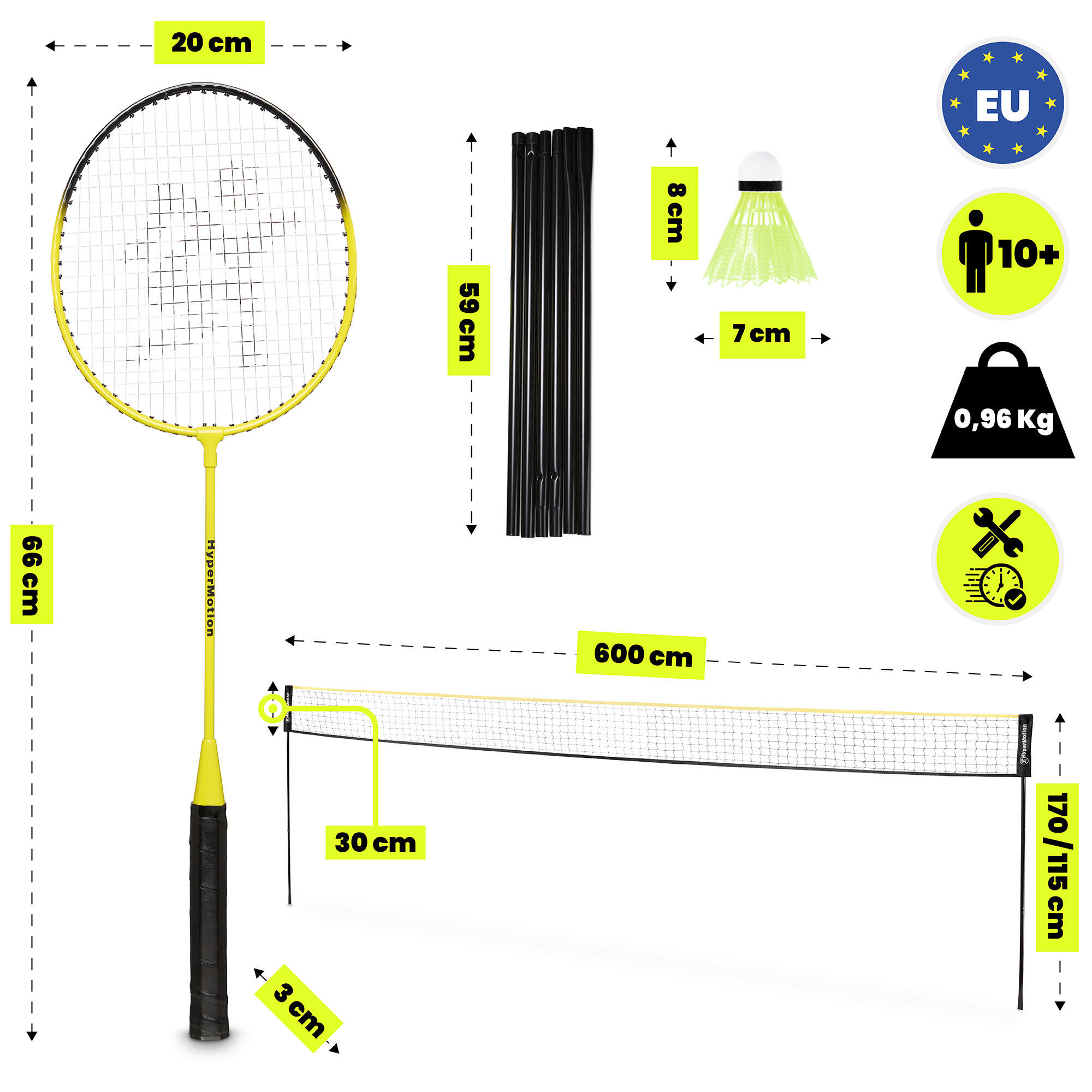 Kit bádminton HyperMotion 6 m ajustable - 2 raquetas 66 cm, 3 volantes, funda. 3/7