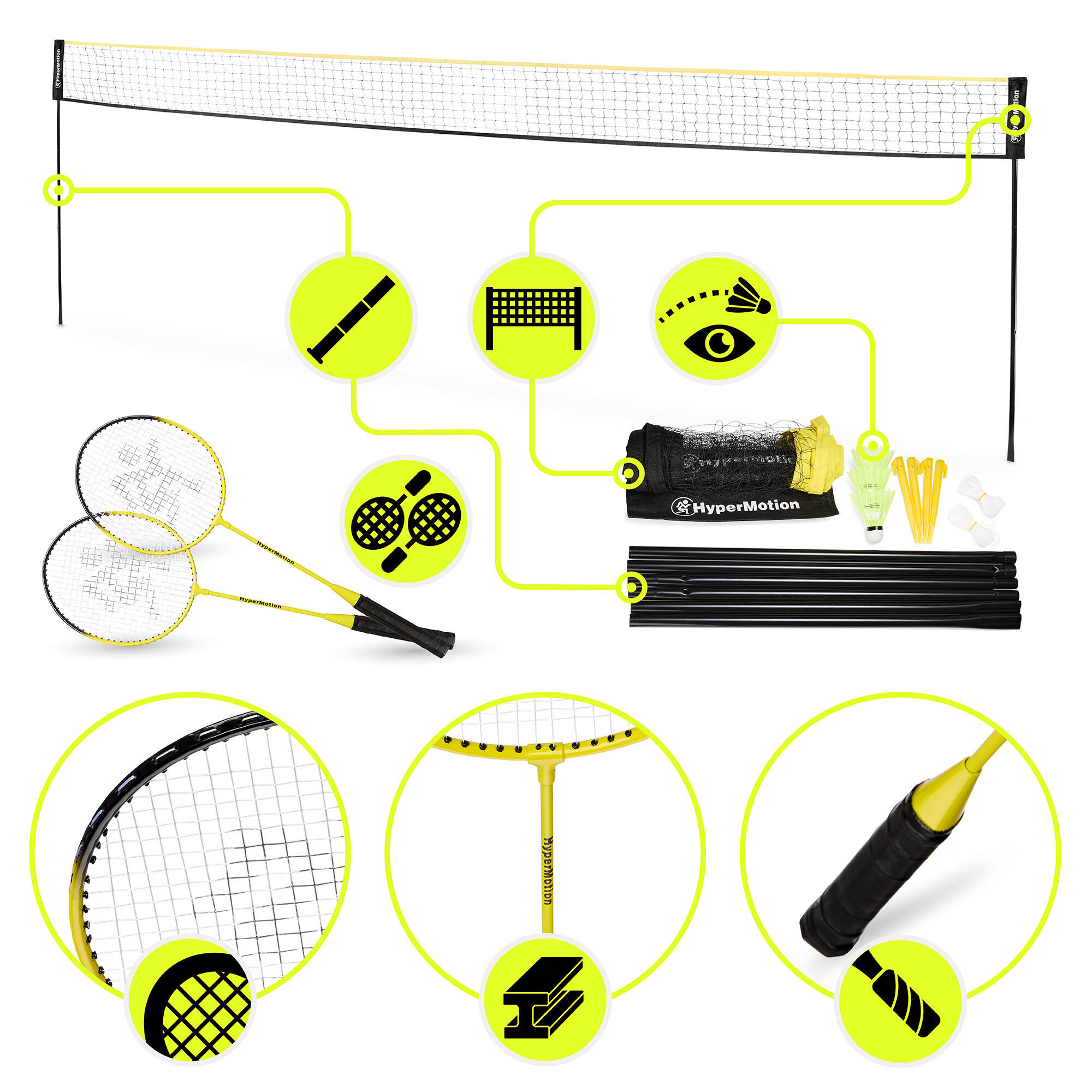 Kit bádminton HyperMotion 6 m ajustable - 2 raquetas 66 cm, 3 volantes, funda. 4/7