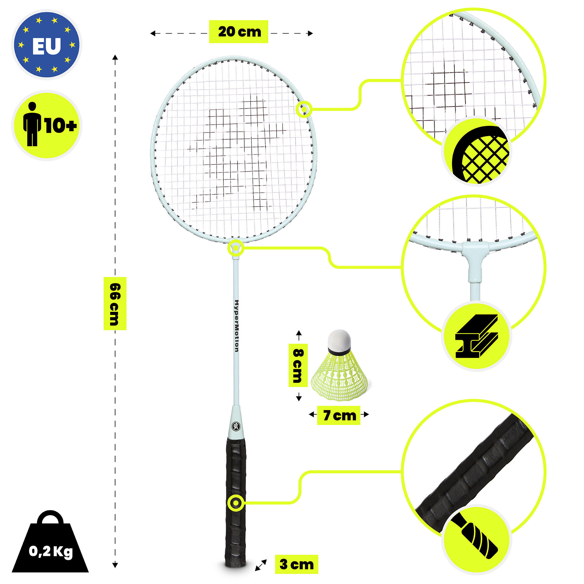 Kit de bádminton HyperMotion: 2 raquetas de 66 cm y 1 volante salvia 3/7