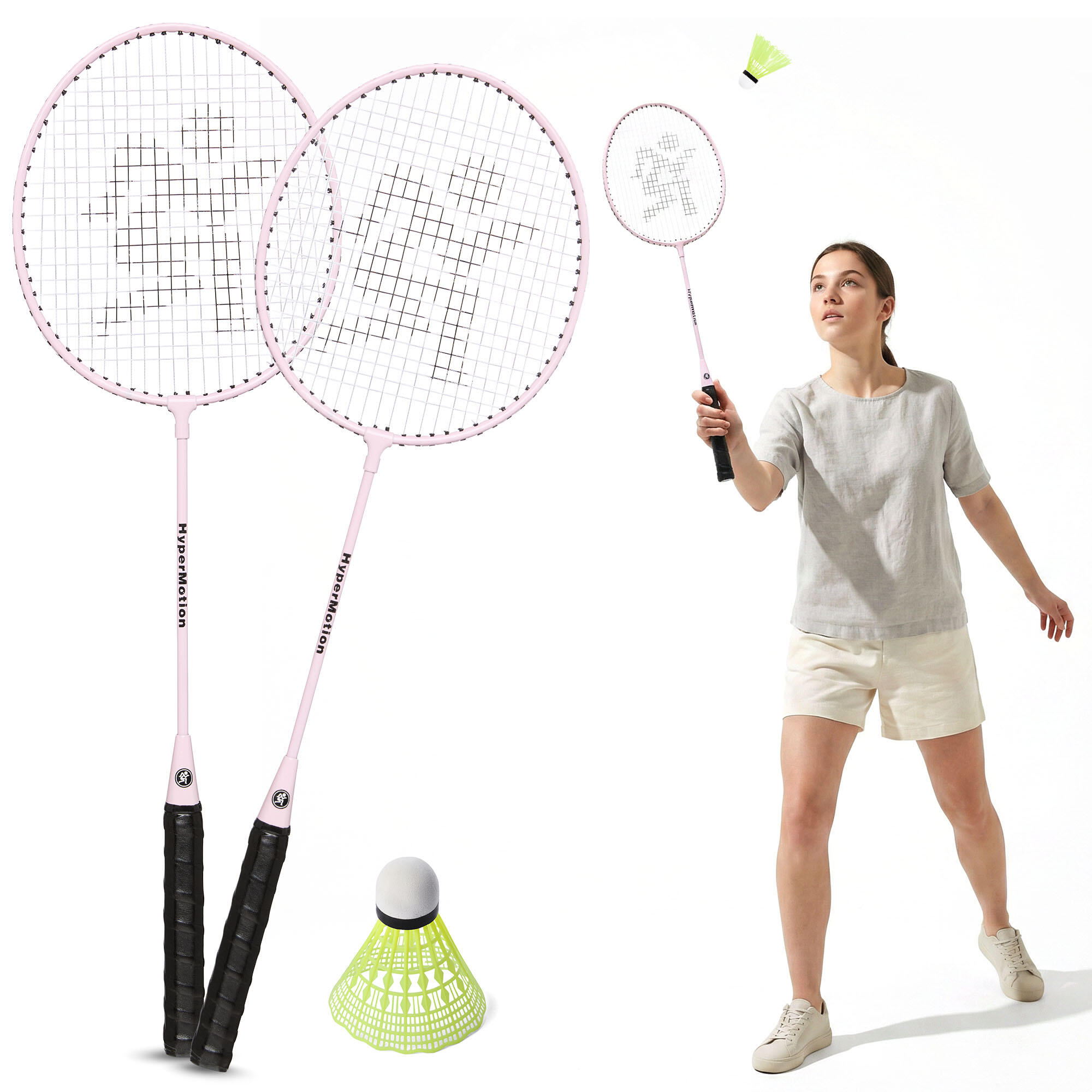 Set badminton HYPERMOTION 2 persoane - rachete oțel 66 cm, plasă, mingi roz