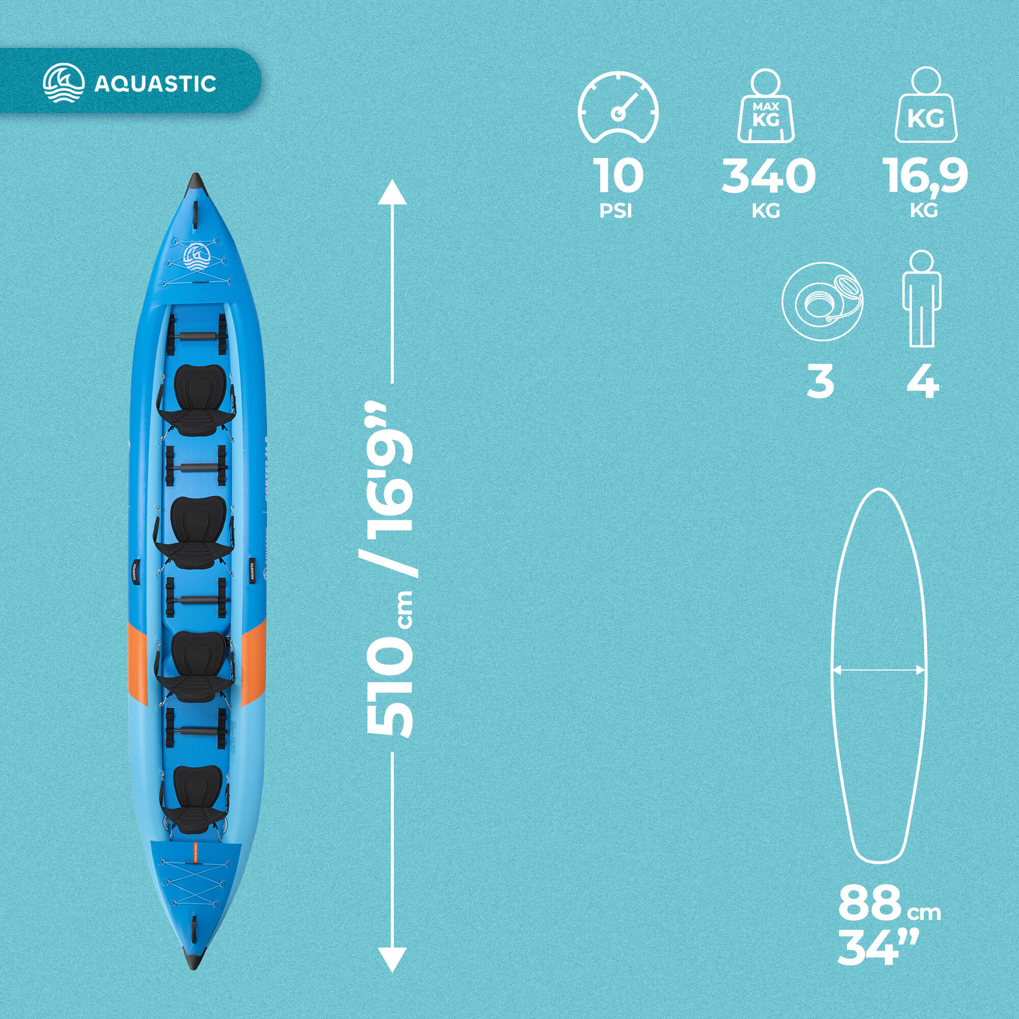 Kayak inflable para 4 personas AQUASTIC Cortez 16'9" 3/7