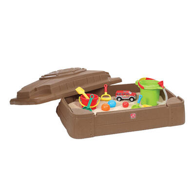 Play & store zandbak bruin met deksel en 4 zitplaatsen, 107 cm x 71 cm x 28 cm