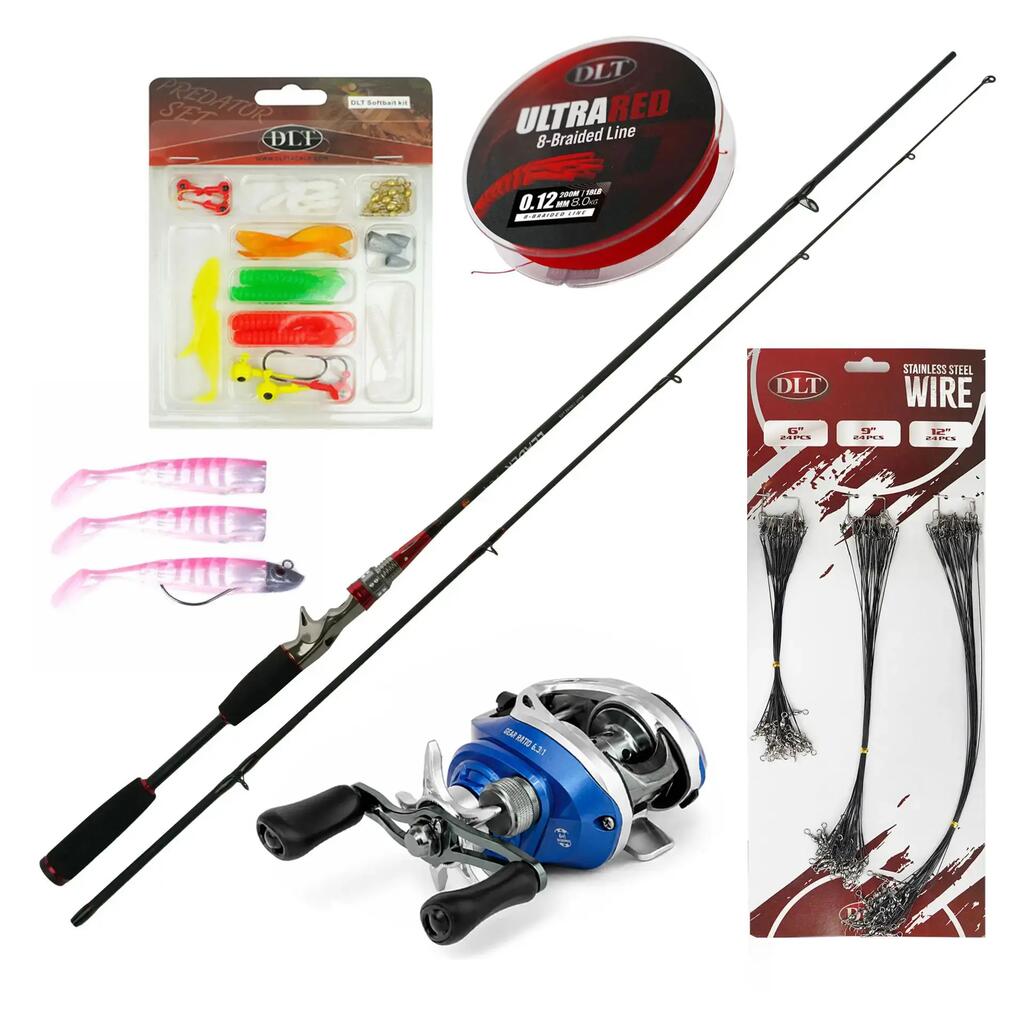Deluxe Baitcasting Set - Rod, Reel, Braided Line, Softbaits and Leaders
