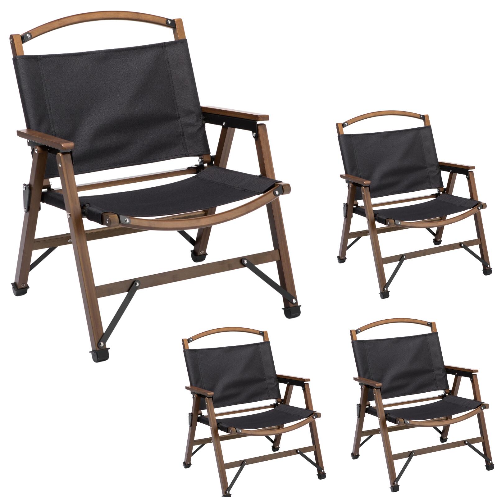 4x Bamboo Canvas Foldable Camping Chair Wooden Picnic Park - Black