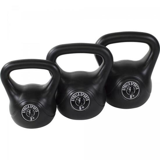 LOT DE 3 KETTLEBELLS NOIRS EN PLASTIQUE | MUSCULATION | 3KG, 6KG ET 8KG