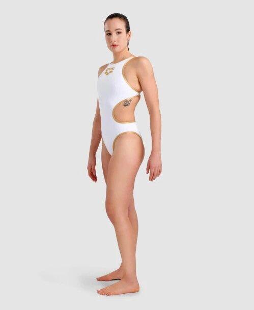 Maillot de Bain 1 Pièce Femme Arena One Big Logo Blanc Or 3/7