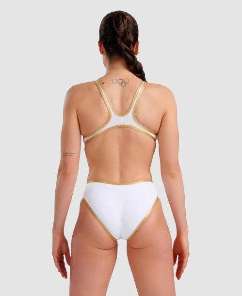 Maillot de Bain 1 Pièce Femme Arena One Big Logo Blanc Or 2/7