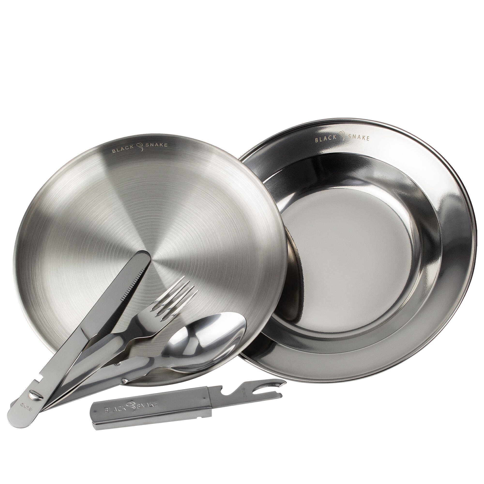 Edelstahl Teller flach & tief mit Campingbesteck für Outdoor - 1 Personen Set 5/7