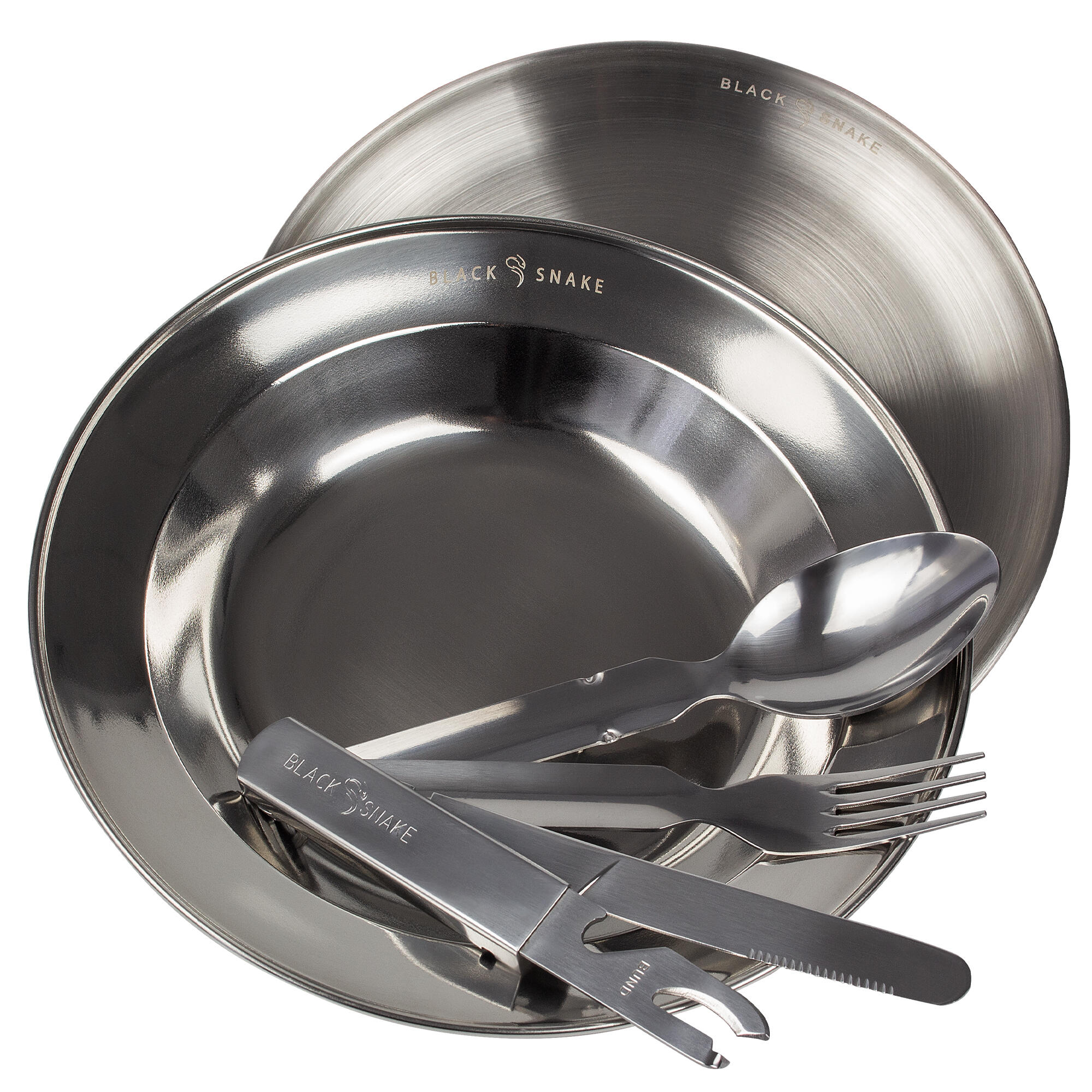Edelstahl Teller flach & tief mit Campingbesteck für Outdoor - 1 Personen Set 4/7