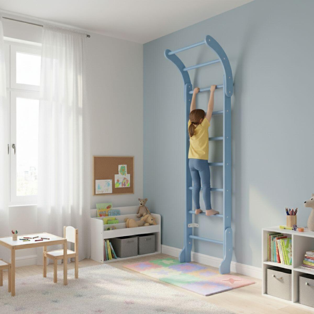 Niños Gimnasia Espalderas de Fitness Barra Madera Mini Azul Celeste Base 5/7