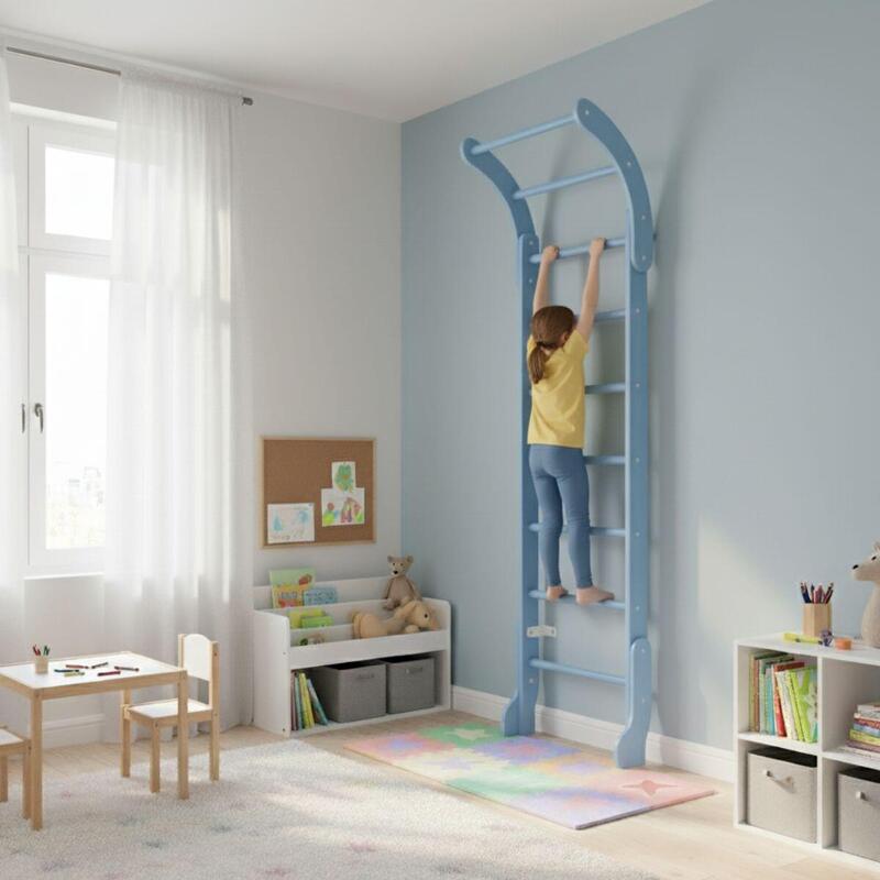 Copii Fitness Spalier Gimnastică Scară Suedeză Lemn Mini Albastru Set