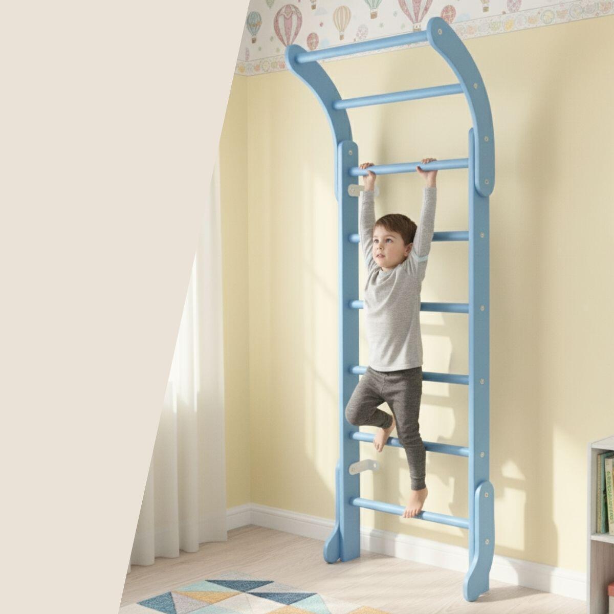 Niños Gimnasia Espalderas de Fitness Barra Madera Mini Azul Celeste Base 7/7