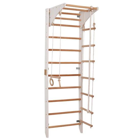 Espalier en bois 230 cm barre réglable, anneaux et corde – Kombi blanc