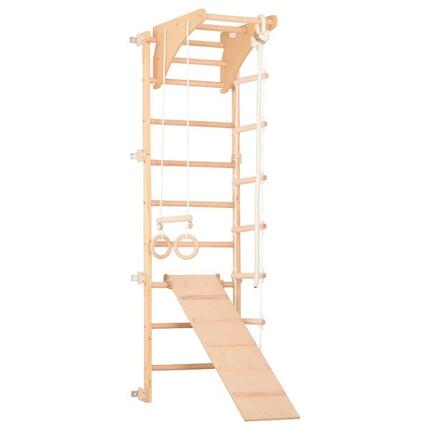 Sprossenwand Holz mit Rampe, Ringen & Leiter – Heimfitness (Eco-pine+slide)