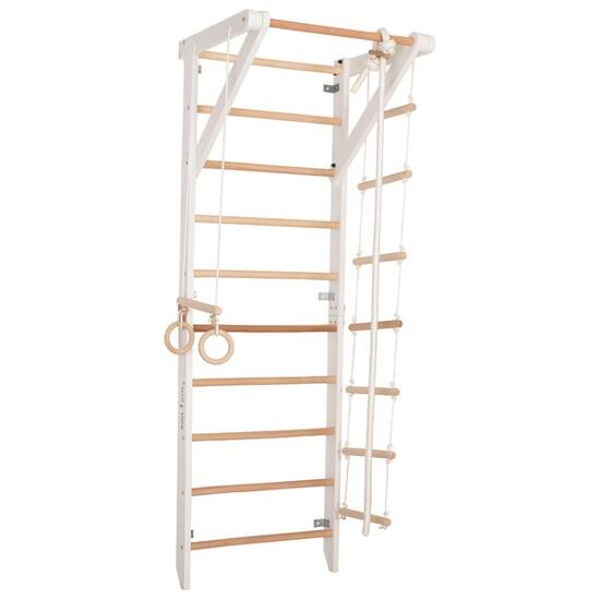 Sprossenwand Holz mit Reck, Ringen & Seil – Indoor Fitnessgerät (Sport 2 weiß)