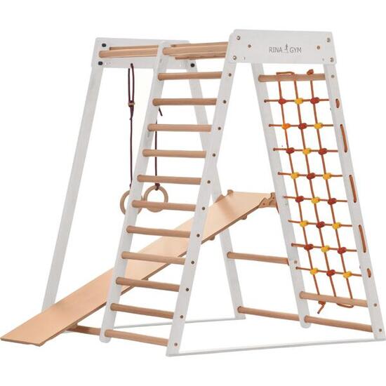 Structure d'escalade en bois 146 cm, anneaux et échelle de corde – Classic blanc
