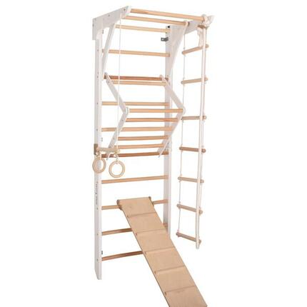 Kletterwand Holz mit Reck & Rampe – Sprossenwand für Familie (Kinder 3 weiß)