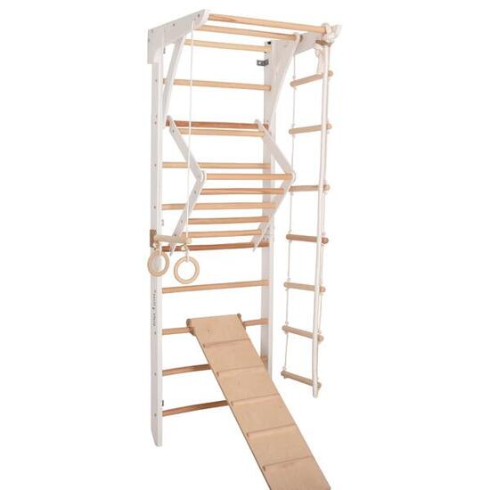 Kletterwand Holz mit Reck & Rampe – Sprossenwand für Familie (Kinder 3 weiß)