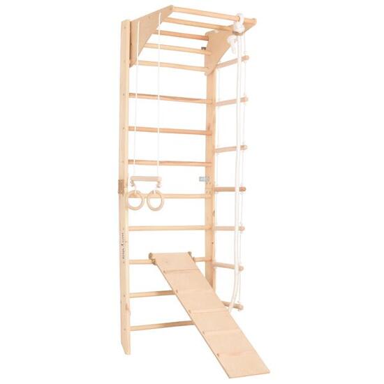 Sprossenwand Holz mit Klimmzugstange, Ringen, Seil & Rampe (Kombi 3)