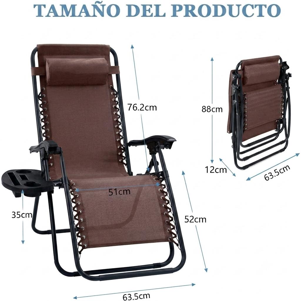 2 Sillas Plegable Camping Tipo Tumbona Multiposición Marrón 2/6