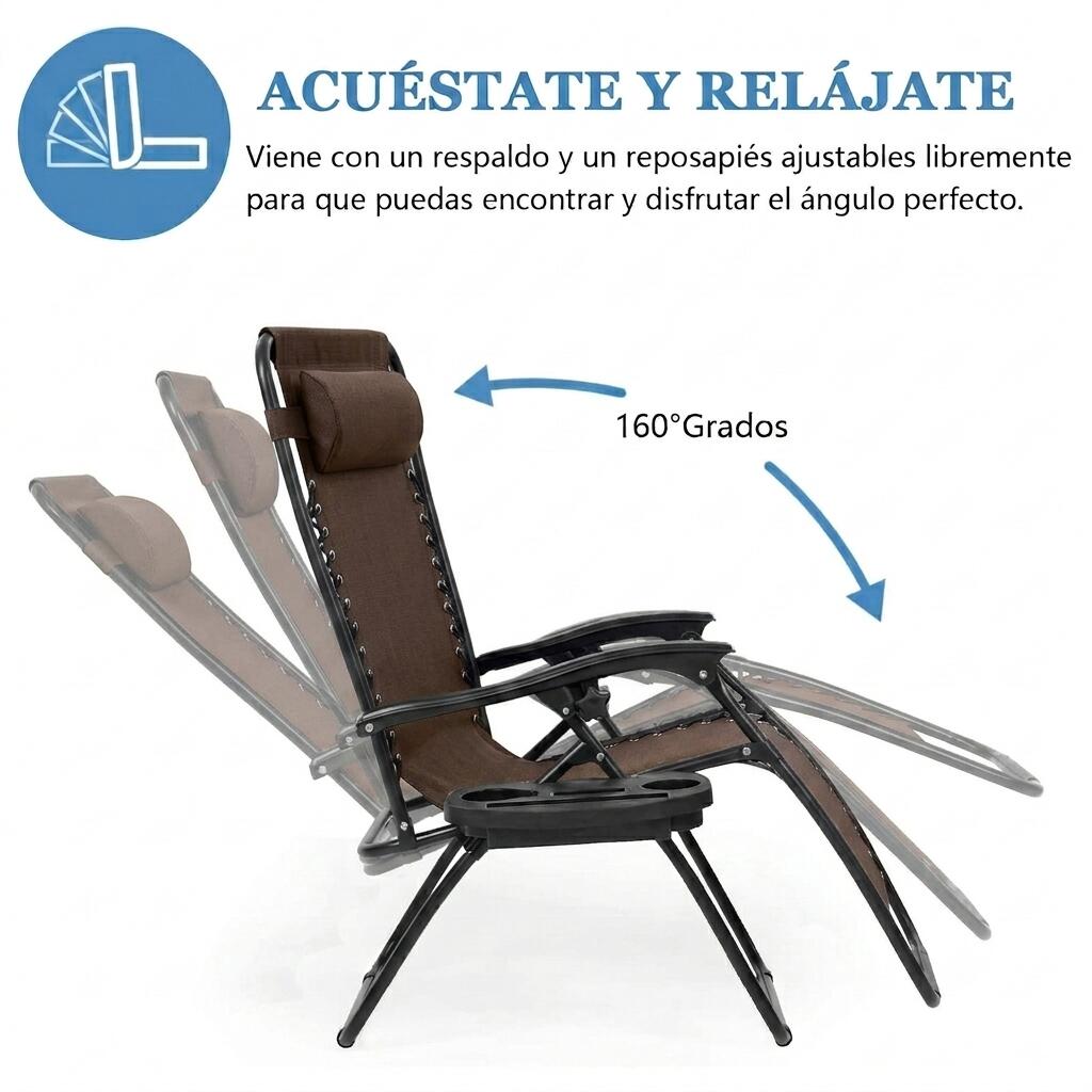 2 Sillas Plegable Camping Tipo Tumbona Multiposición Marrón 5/6