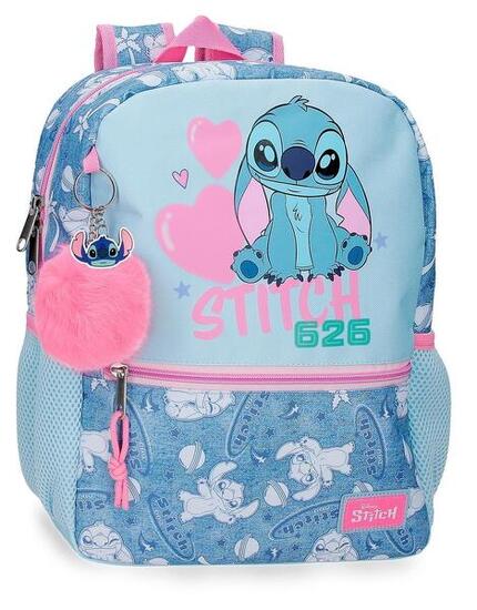 Mochila escolar adaptable a carro Stitch Hearts 27x33x11 cm denim
