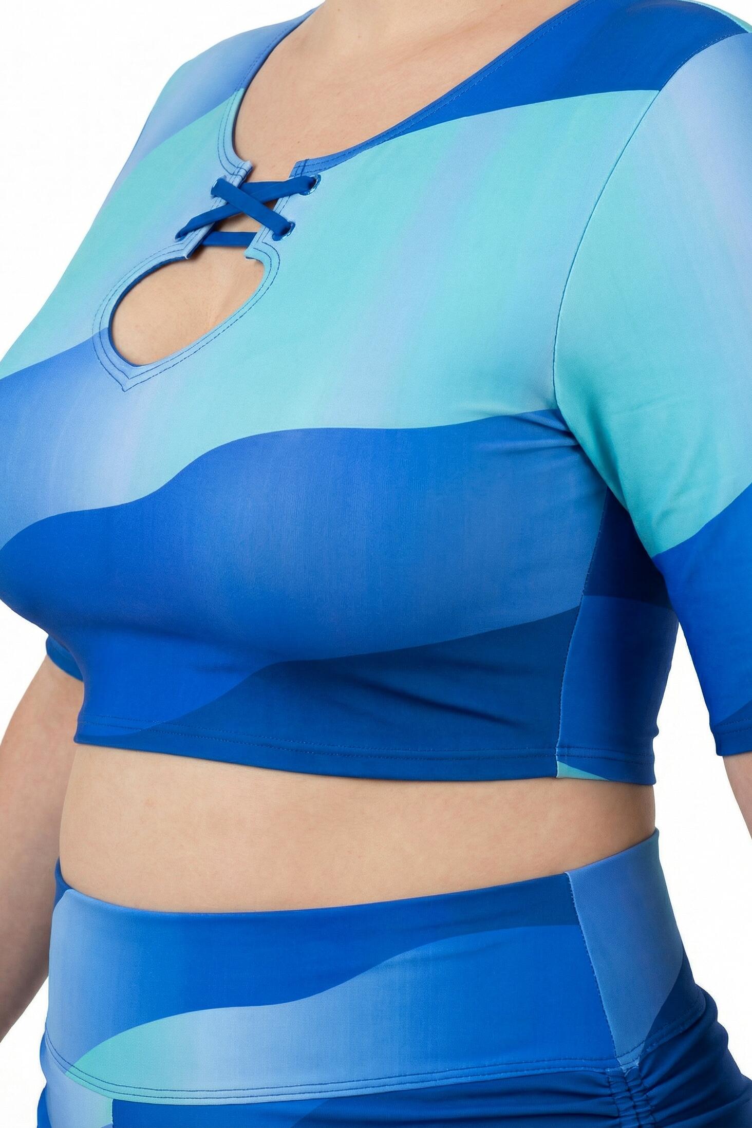 Femme Bikini avec bonnets souples manches courtes laçage et motif vagues 3/7