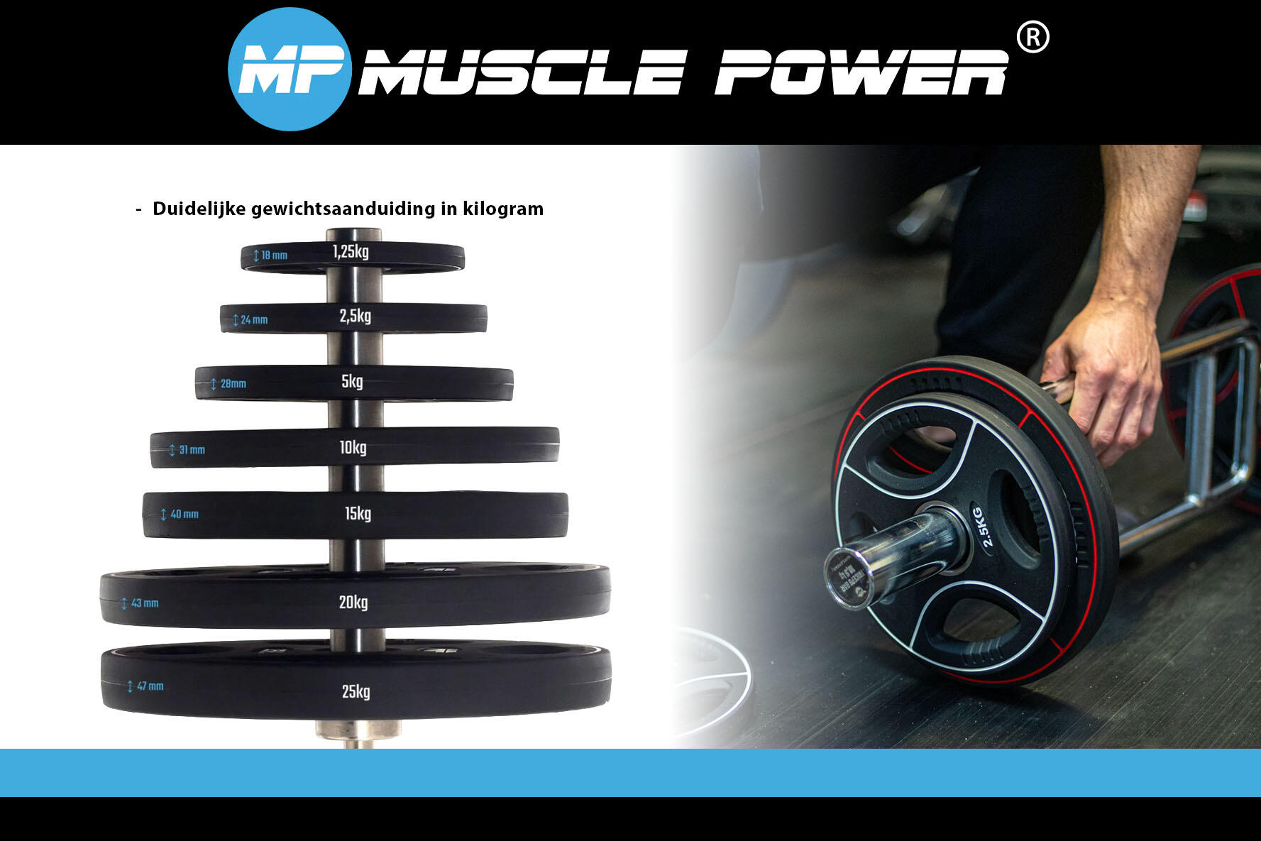 Muscle Power 10 kg Polyurethaan 4 Grip Halterschijf 50 mm 3/6