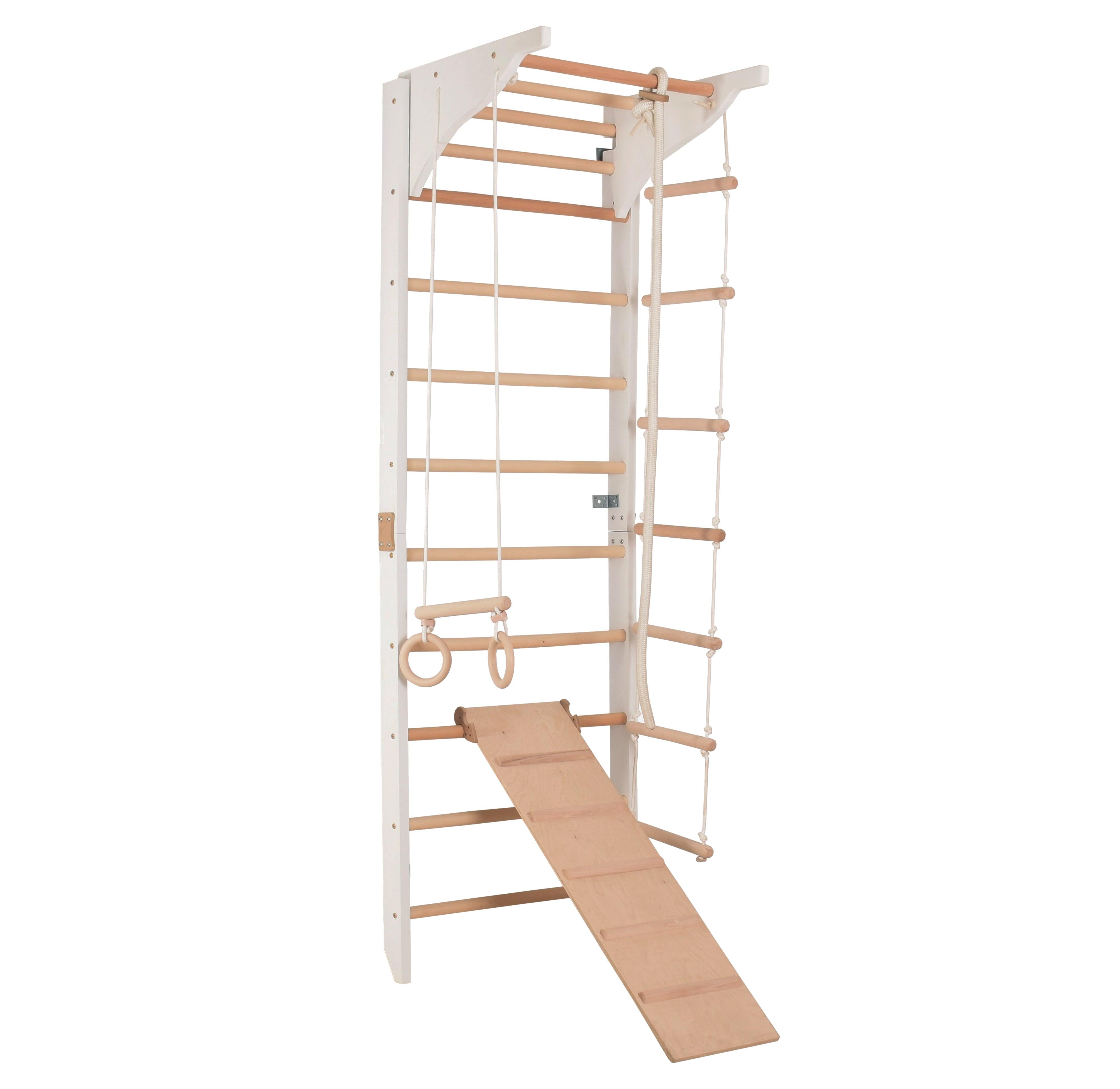 RINAGYM Bílé žebřiny s bradly, hrazdou a šplhací rampou, řada Pro (PRO 3 WHITE)