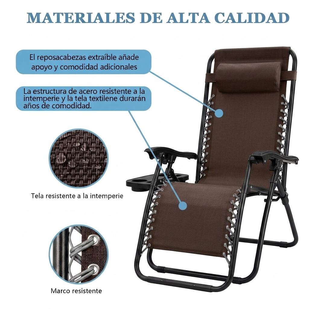 2 Sillas Plegable Camping Tipo Tumbona Multiposición Marrón 4/6