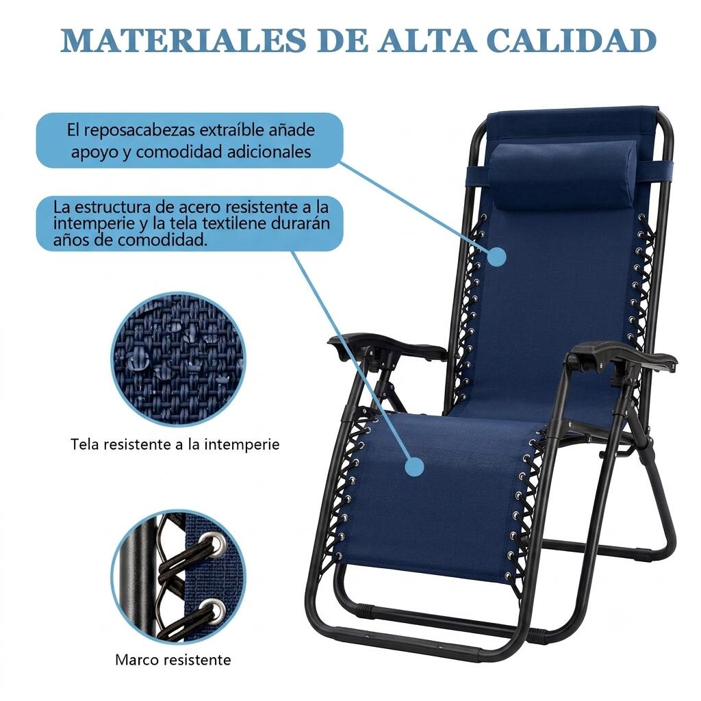 2 Sillas Plegable Camping Tipo Tumbona Multiposición Azul 3/5