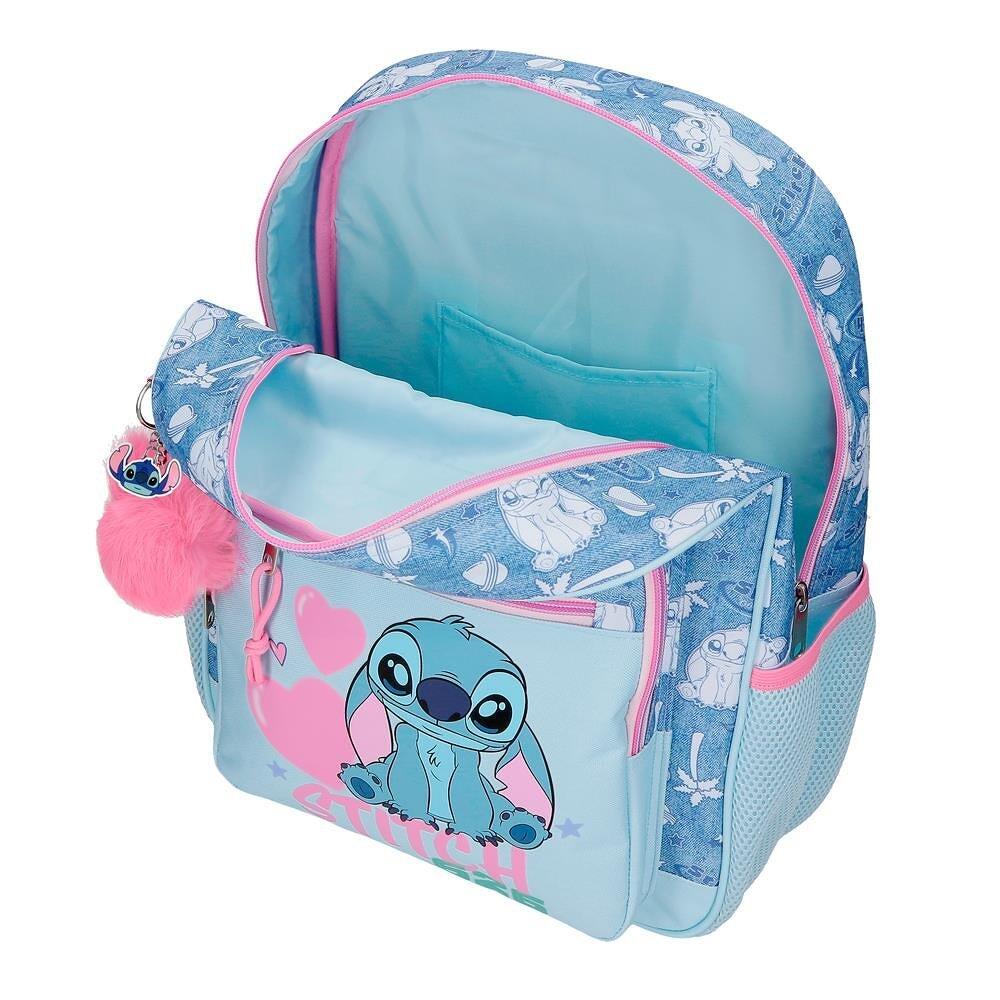 Mochila escolar adaptável a carrinho Stitch Hearts 30x38x12 cm denim 3/4
