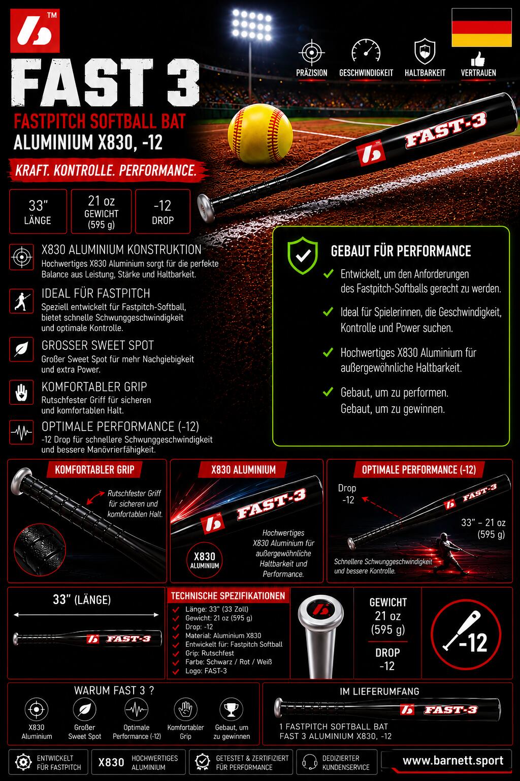 FAST 3 Softballschläger FASTPITCH Aluminium X830, -12 3/8