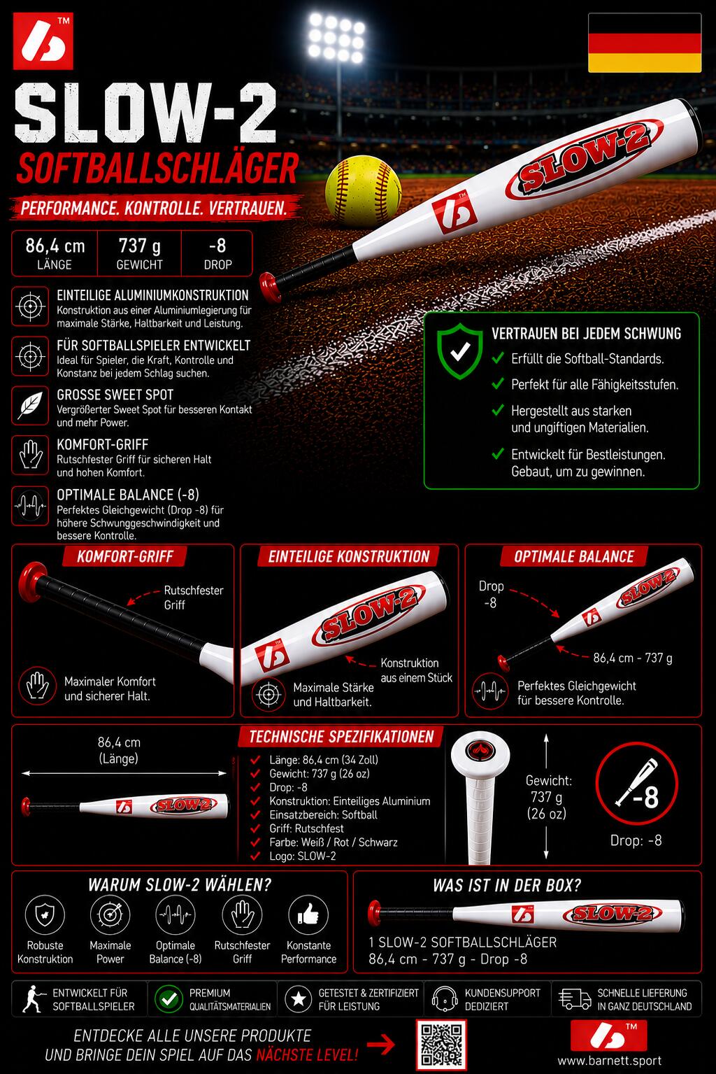 SLOW 2 Softballschläger SLOWPITCH Aluminium 7046, -6 5/8