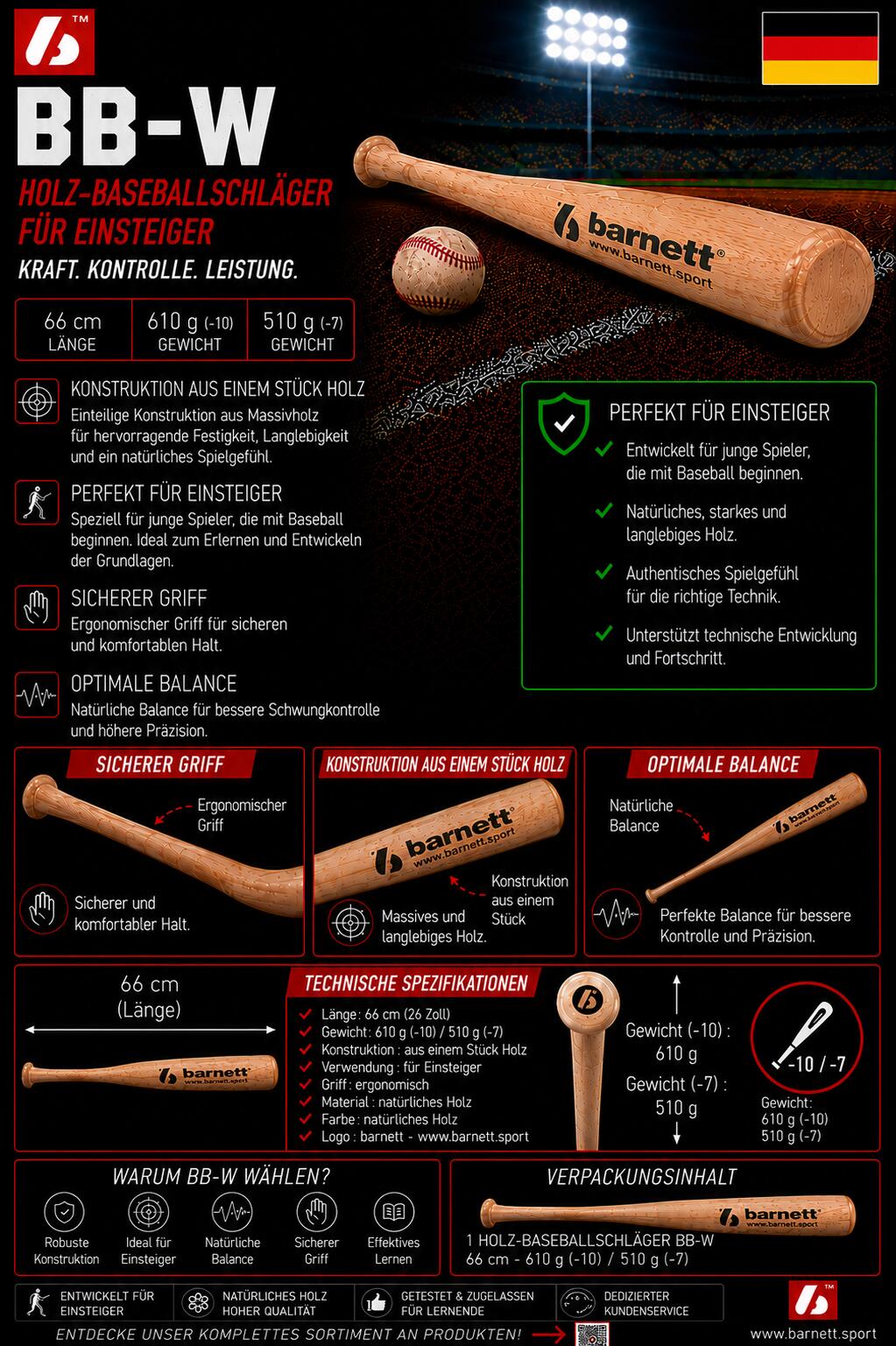 Drewniany kij baseballowy BB-W 7/7
