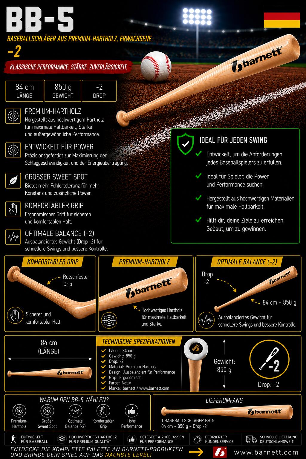 Kij baseballowy drewniany dla dorosłych BB-5 7/7