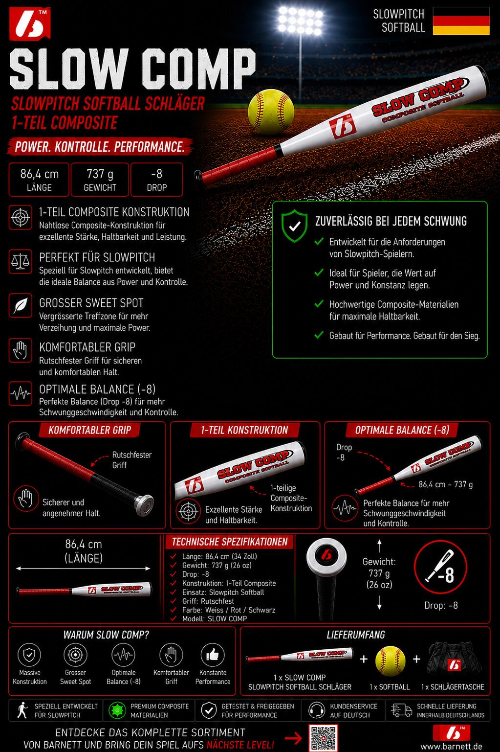 SLOW COMP Batte softball SOLWPITCH composite , 34"-26oz, -8 5/6