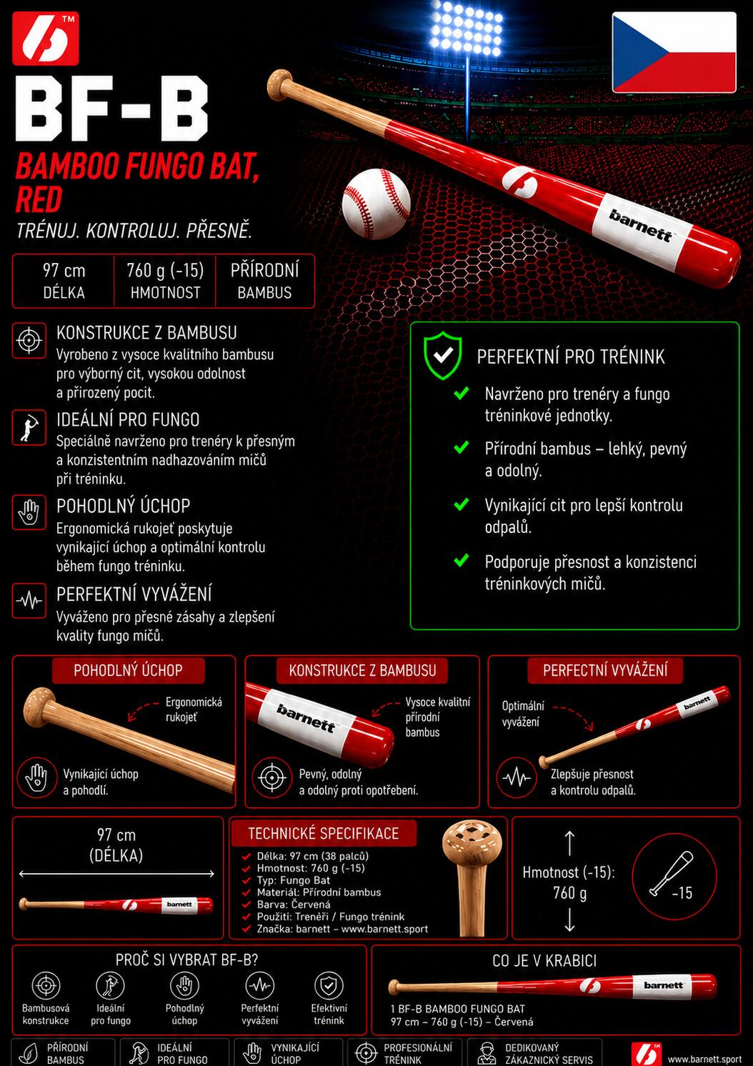 BF-B Kij baseballowy, bambus fungo, rozmiar 35 (88,9 cm) CZERWONY 4/5