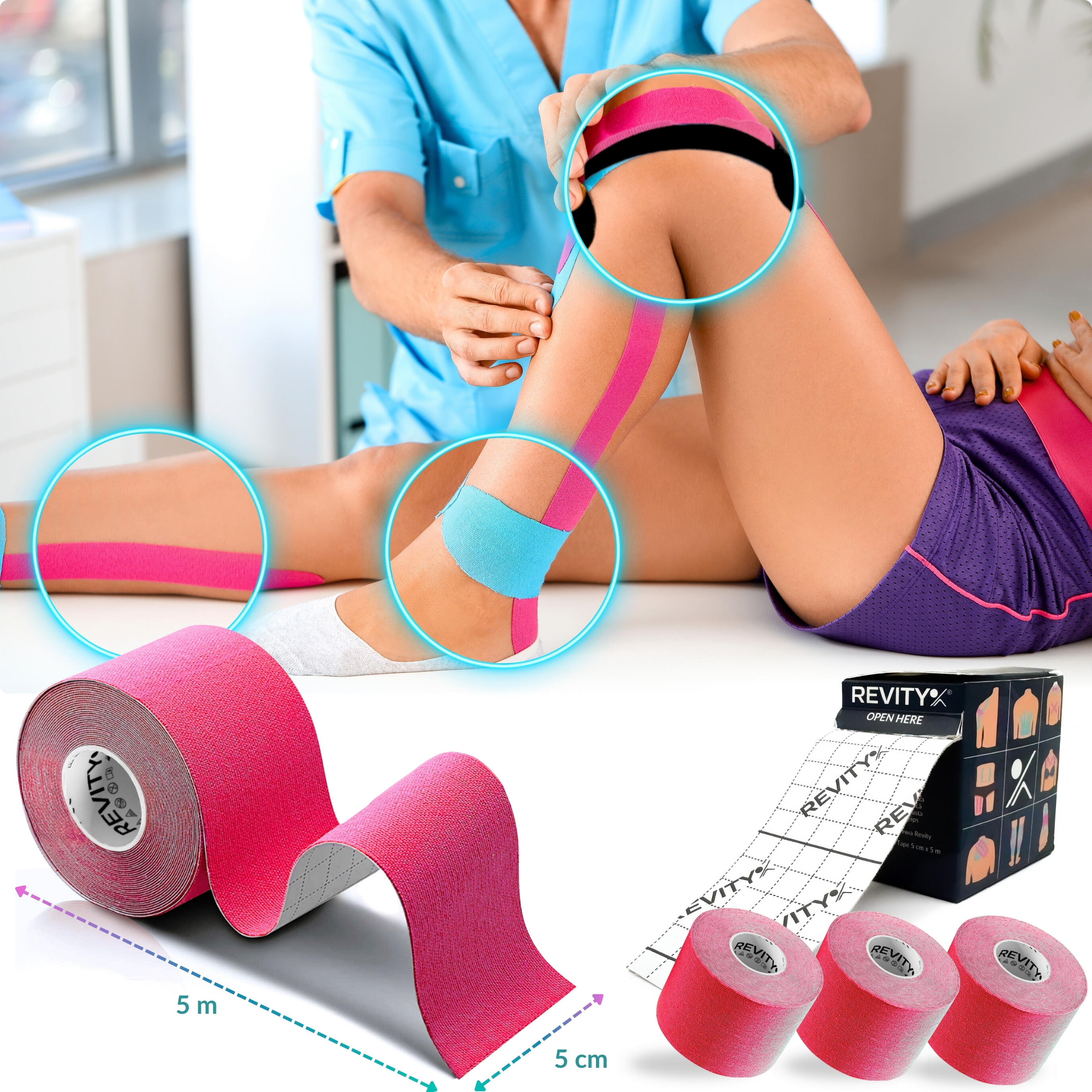 Kinesiology tape 3 szt. 5m Tejpy taśma kinezjologiczna plastry kinesio na kolano 7/7