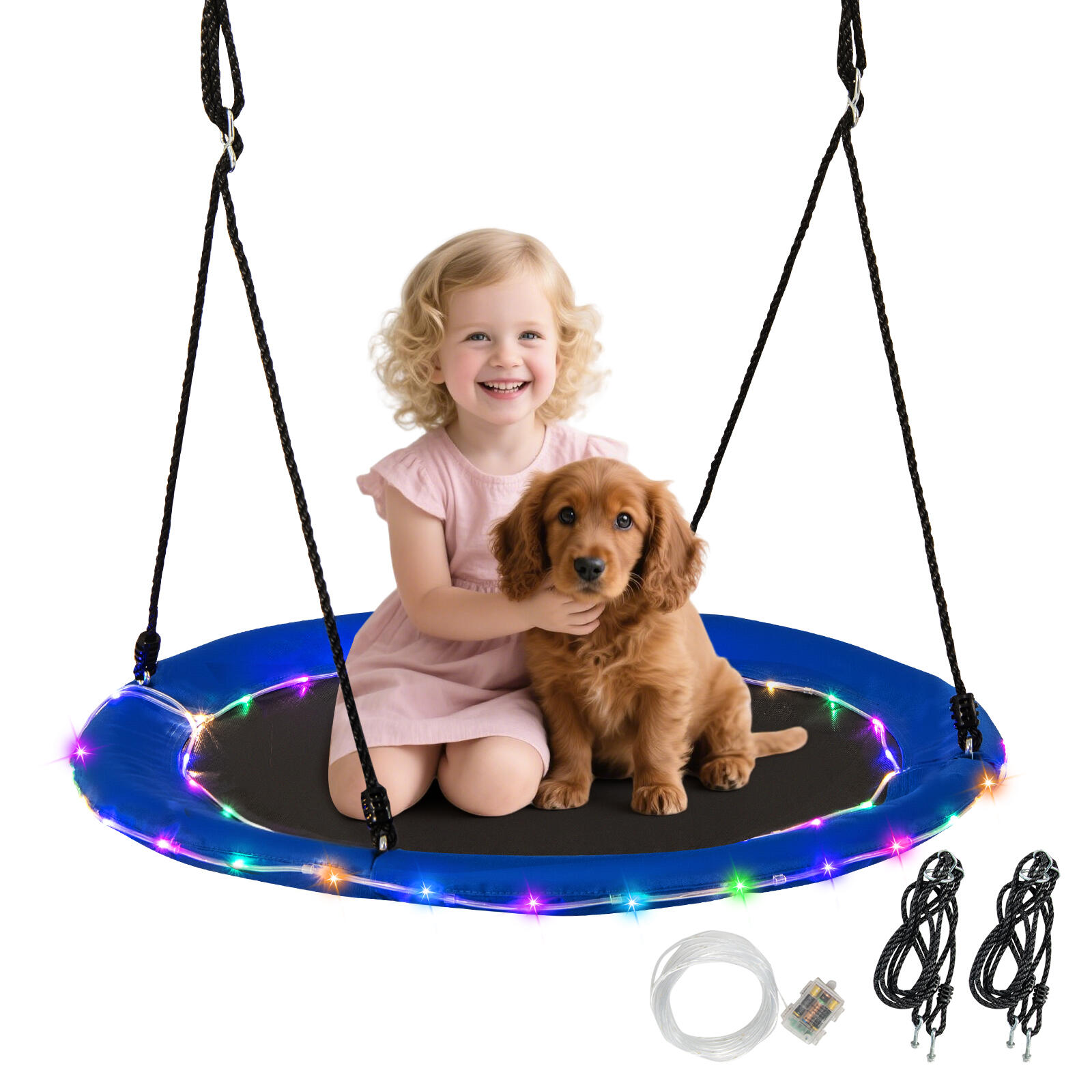 100cm Saucer Tree Swing Seat 300KG Outdoor Hammock w/LED Lights Blue