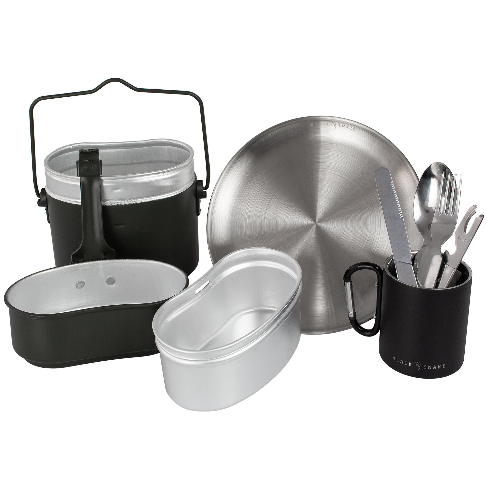 Camping Kochgeschirr, Teller flach, Besteck und Thermotasse Karabinerhaken Set 3/7